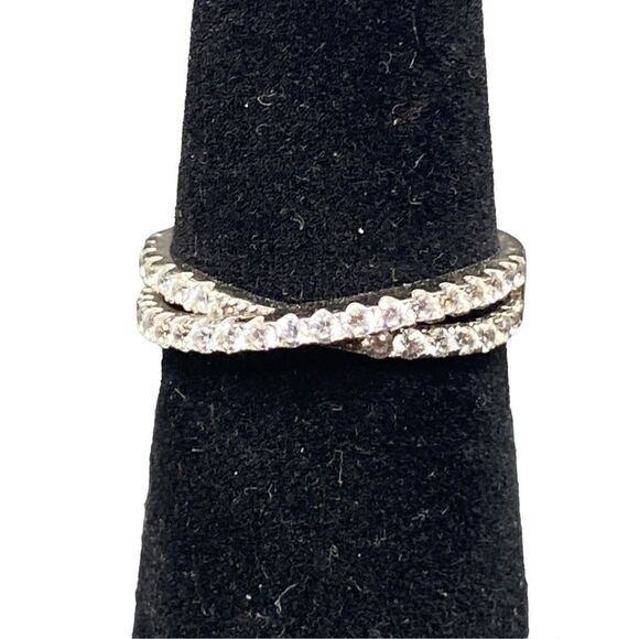 Sterling silver 925 Cz double eternity band with center crossover feature size 7 - Picture 1 of 8